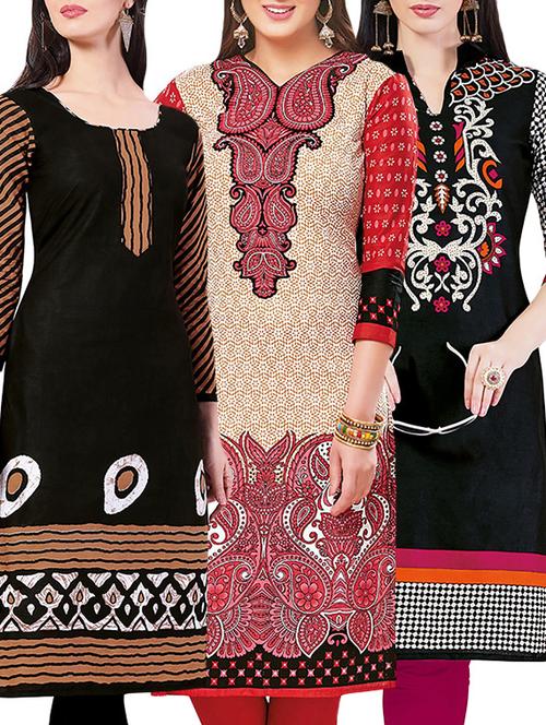 set of 3 multi colored cotton unstitched kurta - 13442244 - Very Small Image - 1