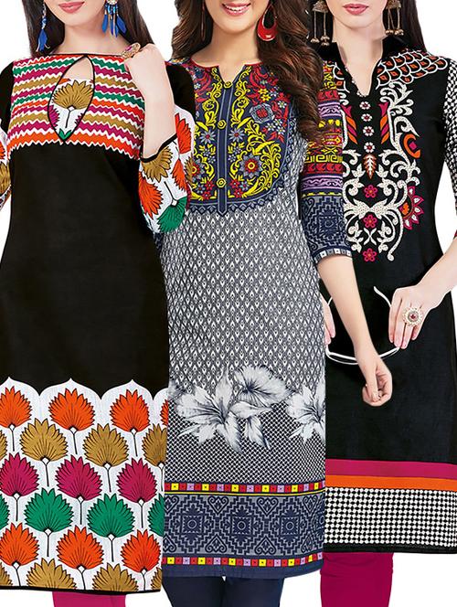 set of 3 multi colored cotton unstitched kurta - 13442247 - Very Small Image - 1