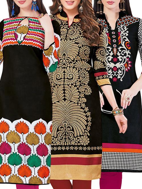 set of 3 multi colored cotton unstitched kurta - 13442248 - Very Small Image - 1