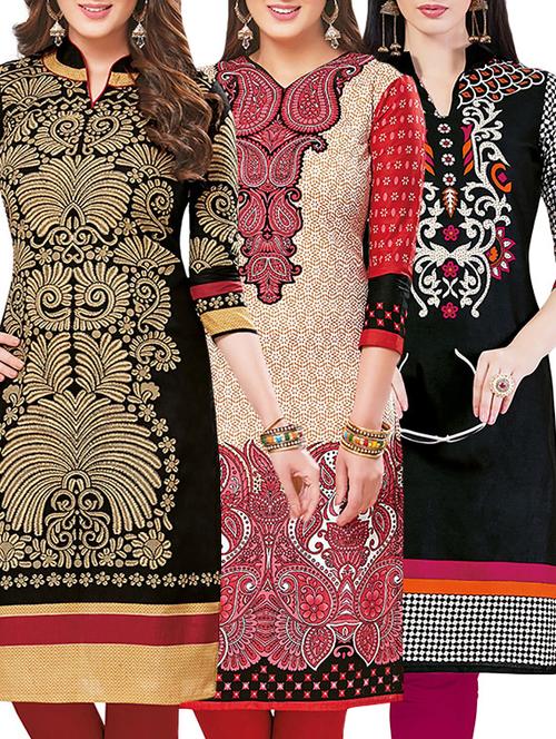 set of 3 multi colored cotton unstitched kurta - 13442256 - Very Small Image - 1