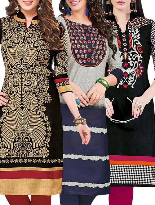 set of 3 multi colored cotton unstitched kurta - 13442258 - Very Small Image - 1