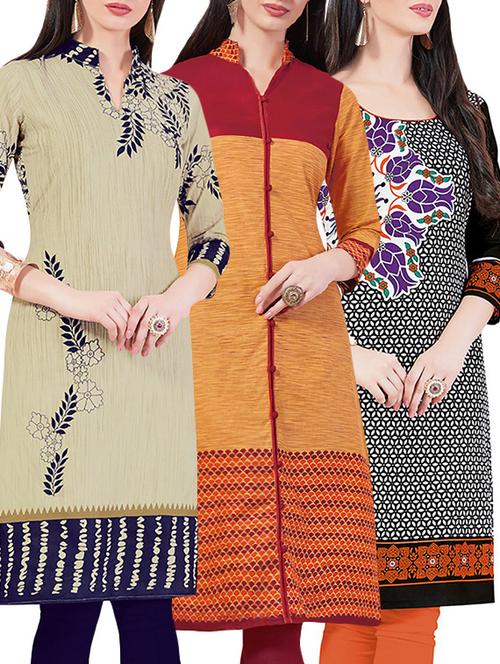 set of 3 multi colored cotton unstitched kurta - 13442263 - Very Small Image - 1