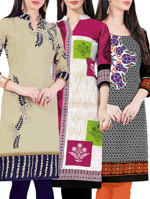 set of 3 multi colored cotton unstitched kurta - 13442264 - Very Small Image - 1