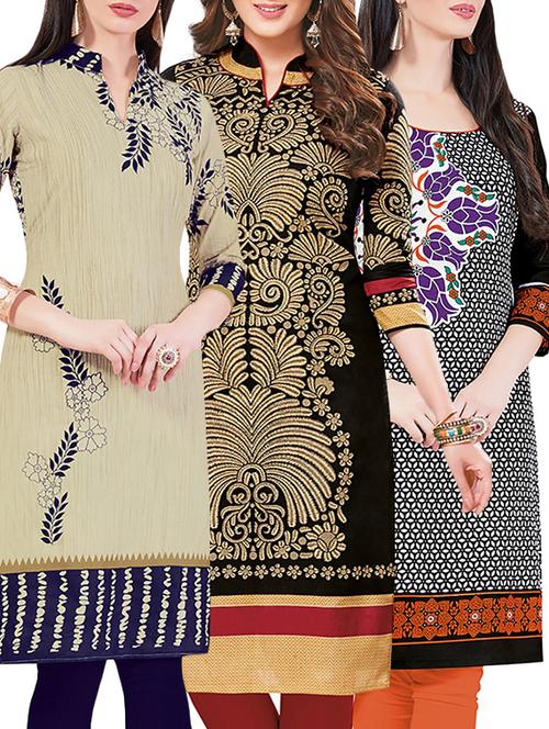 set of 3 multi colored cotton unstitched kurta - 13442268 - Very Small Image - 1
