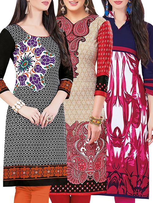 set of 3 multi colored cotton unstitched kurta - 13442278 - Very Small Image - 1