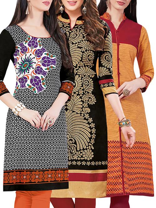 set of 3 multi colored cotton unstitched kurta - 13442285 - Very Small Image - 1