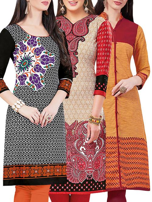 set of 3 multi colored cotton unstitched kurta - 13442286 - Very Small Image - 1
