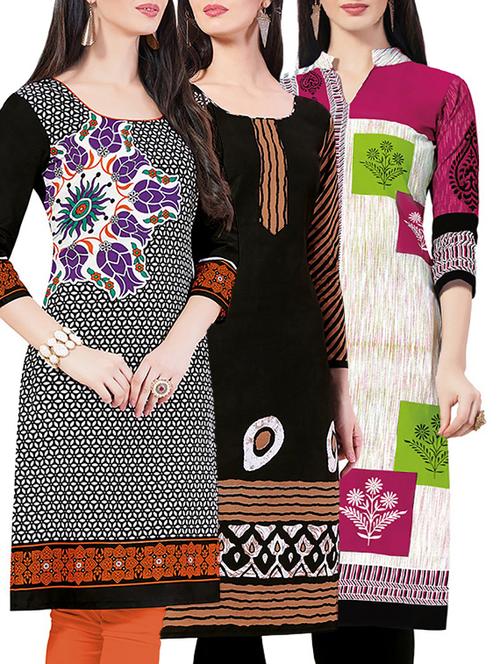 combos (set of 3 ) multi colored cotton unstitched kurta - 13442289 - Very Small Image - 1