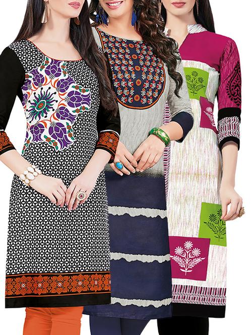 set of 3 multi colored cotton unstitched kurta - 13442295 - Very Small Image - 1