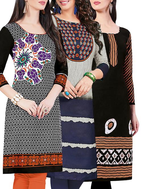 set of 3 multi colored cotton unstitched kurta - 13442301 - Very Small Image - 1