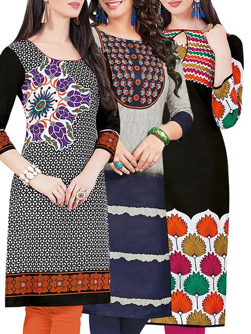 set of 3 multi colored cotton unstitched kurta - 13442306 - Very Small Image - 1