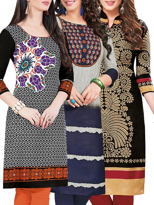 set of 3 multi colored cotton unstitched kurta - 13442313 - Very Small Image - 1
