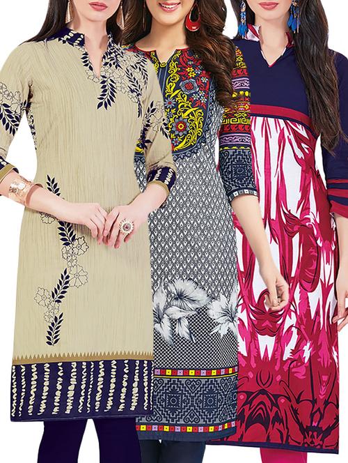set of 3 multi colored cotton unstitched kurta - 13442321 - Very Small Image - 1