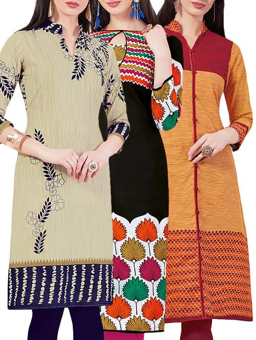 set of 3 multi colored cotton unstitched kurta - 13442328 - Very Small Image - 1