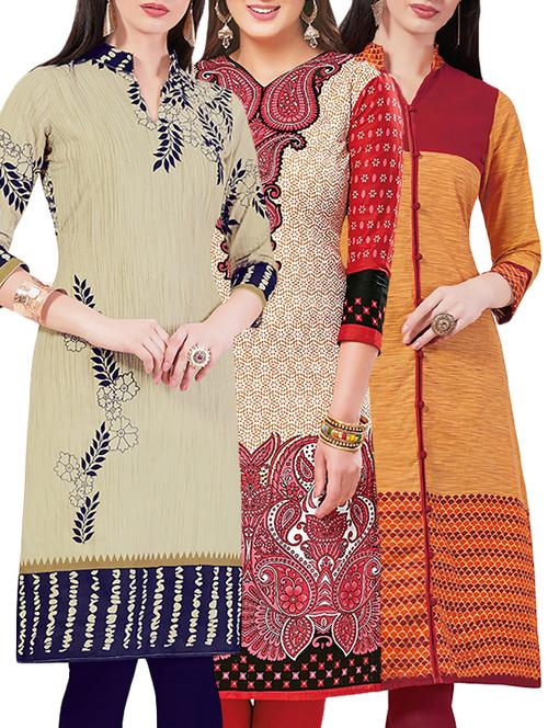 set of 3 multi colored cotton unstitched kurta - 13442331 - Very Small Image - 1