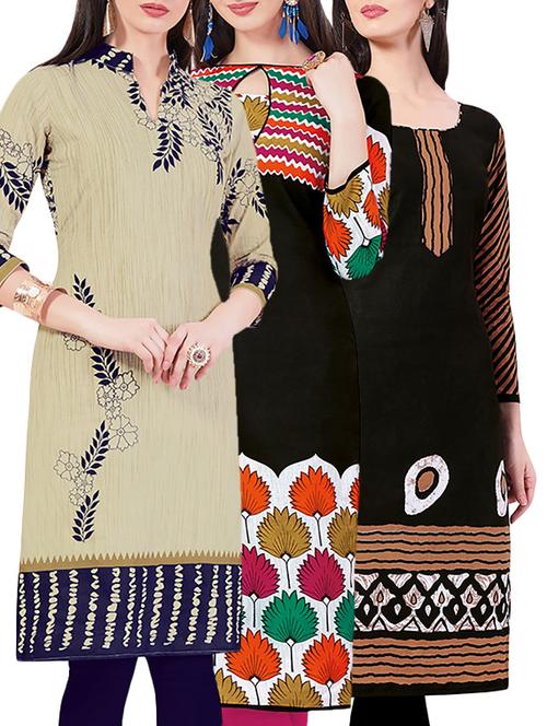 set of 3 multi colored cotton unstitched kurta - 13442341 - Very Small Image - 1