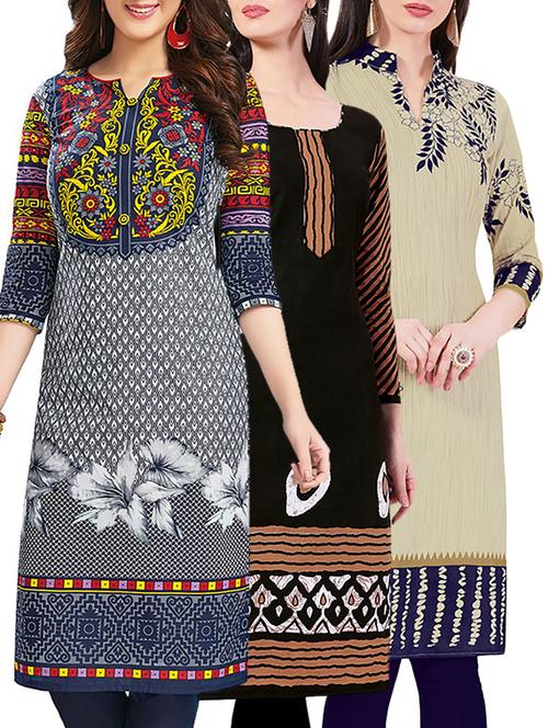 set of 3 multi colored cotton unstitched kurta - 13442342 - Very Small Image - 1