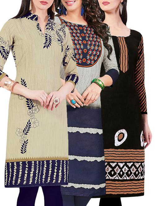 set of 3 multi colored cotton unstitched kurta - 13442346 - Very Small Image - 1