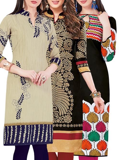 set of 3 multi colored cotton unstitched kurta - 13442348 - Very Small Image - 1