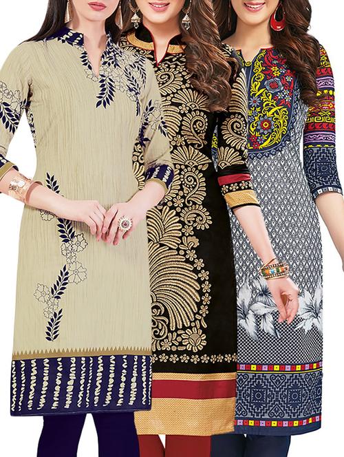 set of 3 multi colored cotton unstitched kurta - 13442352 - Very Small Image - 1
