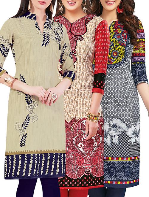 set of 3 multi colored cotton unstitched kurta - 13442353 - Very Small Image - 1
