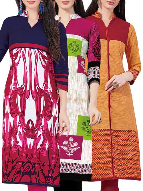 set of 3 multi colored cotton unstitched kurta - 13442362 - Very Small Image - 1