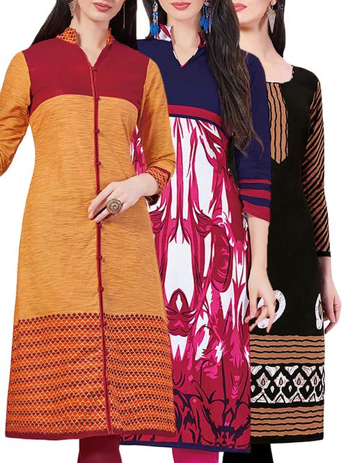 combos (set of 3) multi colored cotton unstitched kurta - 13442363 - Very Small Image - 1