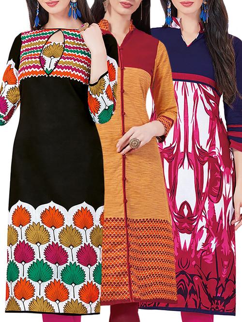 set of 3 multi colored cotton unstitched kurta - 13442364 - Very Small Image - 1