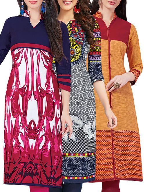 set of 3 multi colored cotton unstitched kurta - 13442365 - Very Small Image - 1