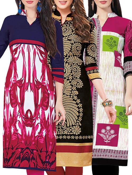 set of 3 multi colored cotton unstitched kurta - 13442373 - Very Small Image - 1