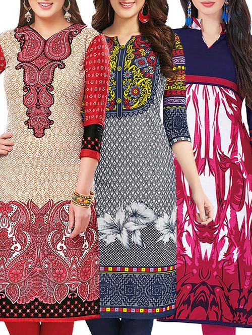 set of 3 multi colored cotton unstitched kurta - 13442389 - Very Small Image - 1