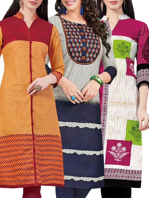 set of 3 multi colored cotton unstitched kurta - 13442404 - Very Small Image - 1