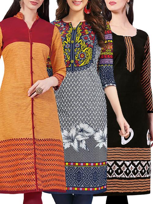 set of 3 multi colored cotton unstitched kurta - 13442406 - Very Small Image - 1