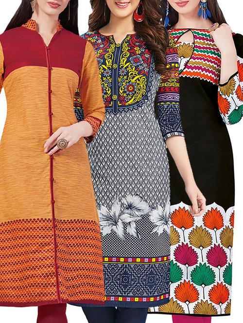 set of 3 multi colored cotton unstitched kurta - 13442411 - Very Small Image - 1