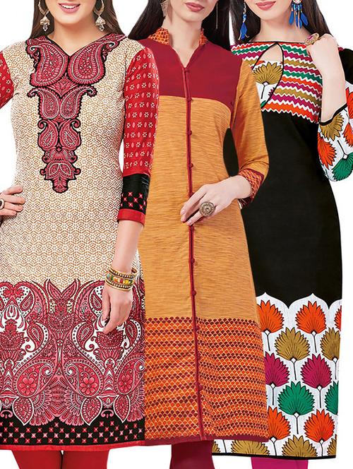 set of 3 multi colored cotton unstitched kurta - 13442413 - Very Small Image - 1