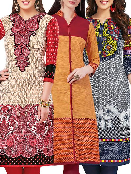 set of 3 multi colored cotton unstitched kurta - 13442417 - Very Small Image - 1