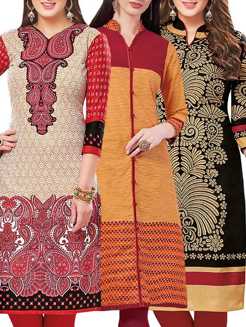 set of 3 multi colored cotton unstitched kurta - 13442420 - Very Small Image - 1