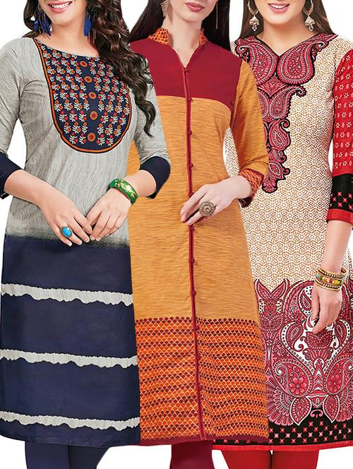 set of 3 multi colored cotton unstitched kurta - 13442424 - Very Small Image - 1