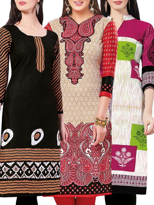 set of 3 multi colored cotton unstitched kurta - 13442429 - Very Small Image - 1