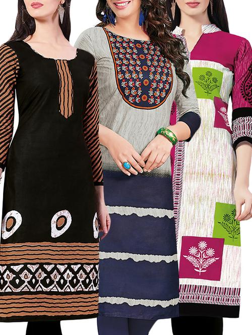 set of 3 multi colored cotton unstitched kurta - 13442431 - Very Small Image - 1