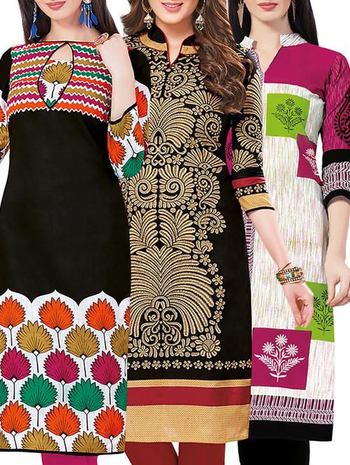 set of 3 multi colored cotton unstitched kurta - 13442433 - Very Small Image - 1