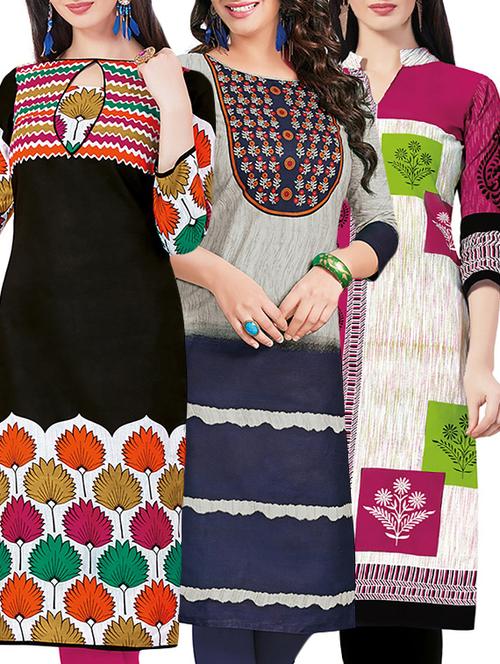 set of 3 multi colored cotton unstitched kurta - 13442436 - Very Small Image - 1