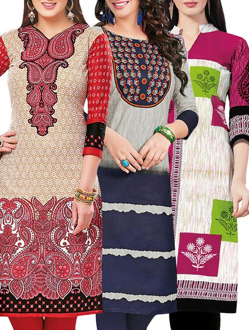 set of 3 multi colored cotton unstitched kurta - 13442445 - Very Small Image - 1