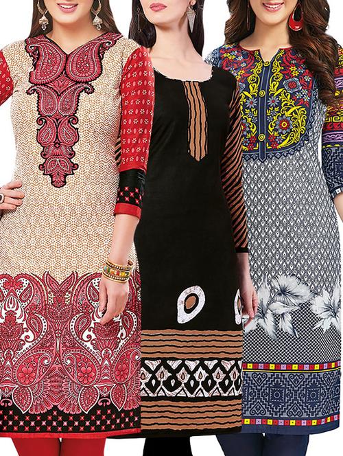 set of 3 multi colored cotton unstitched kurta - 13442453 - Very Small Image - 1