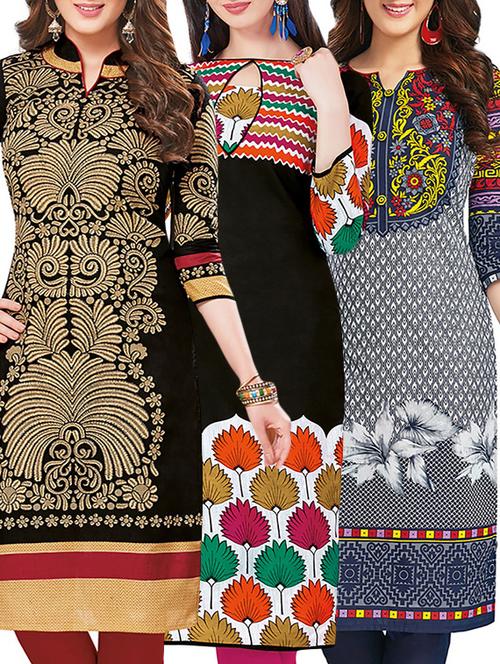 set of 3 multi colored cotton unstitched kurta - 13442462 - Very Small Image - 1