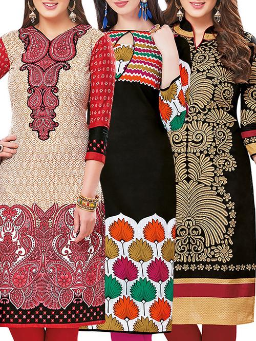 set of 3 multi colored cotton unstitched kurta - 13442466 - Very Small Image - 1
