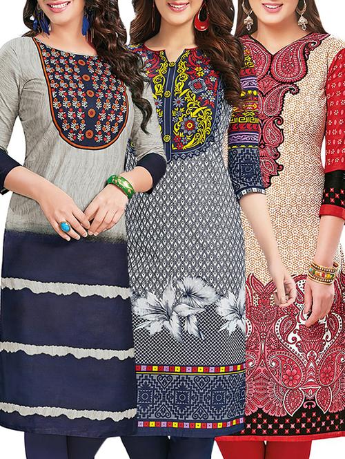 set of 3 multi colored cotton unstitched kurta - 13442476 - Very Small Image - 1