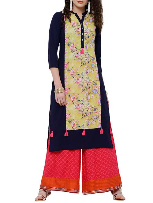 blue & yellow printed straight kurta - 13443125 - Very Small Image - 1