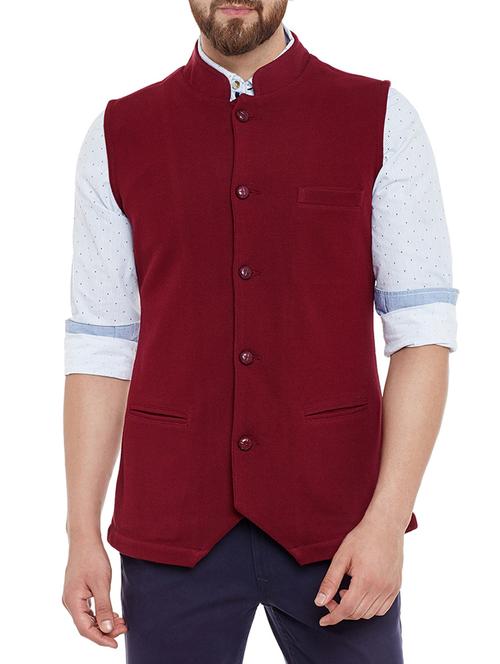 cherry red cotton nehru jacket - 13444713 - Very Small Image - 1