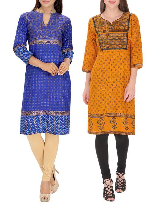 set of 2 multi cotton printed kurta - 13450872 - Very Small Image - 1